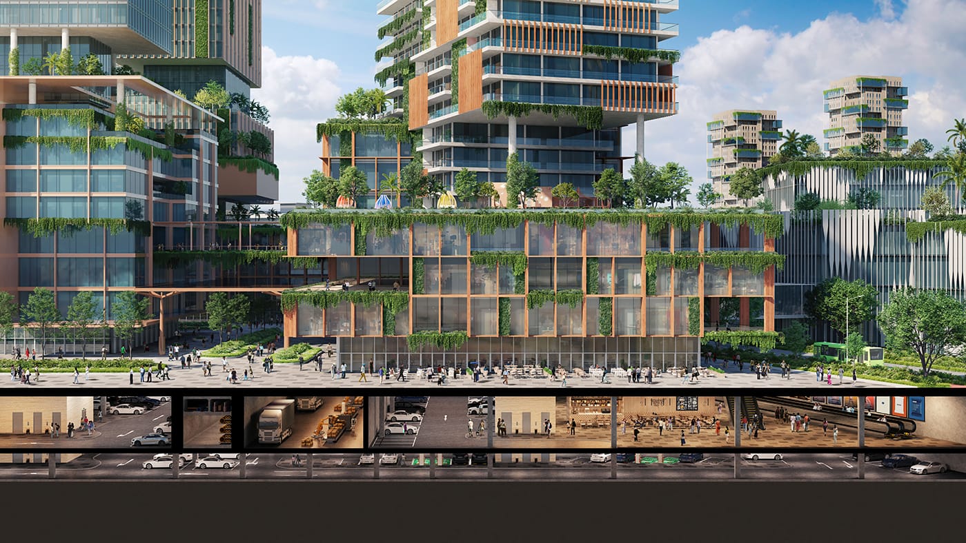 Artist's impression of how district infrastructure, vehicular circulation, deliveries and servicing will be located at the basement levels, freeing up the ground floor for more vibrant street life.